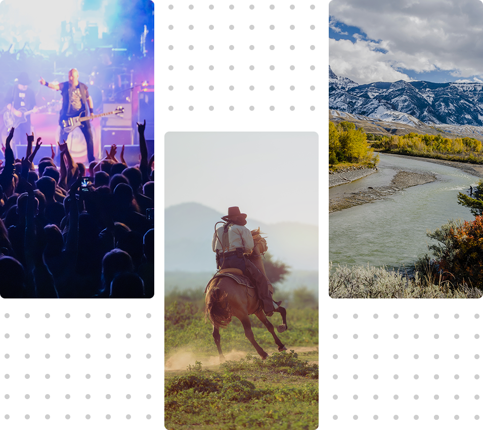 Collage aus Country-Landschaft, Reiter und Live-Konzert